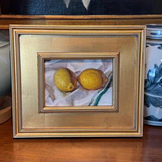 Youqing Wang Lemons on Green Striped Cloth Still Life Oil Painting in Gold Frame