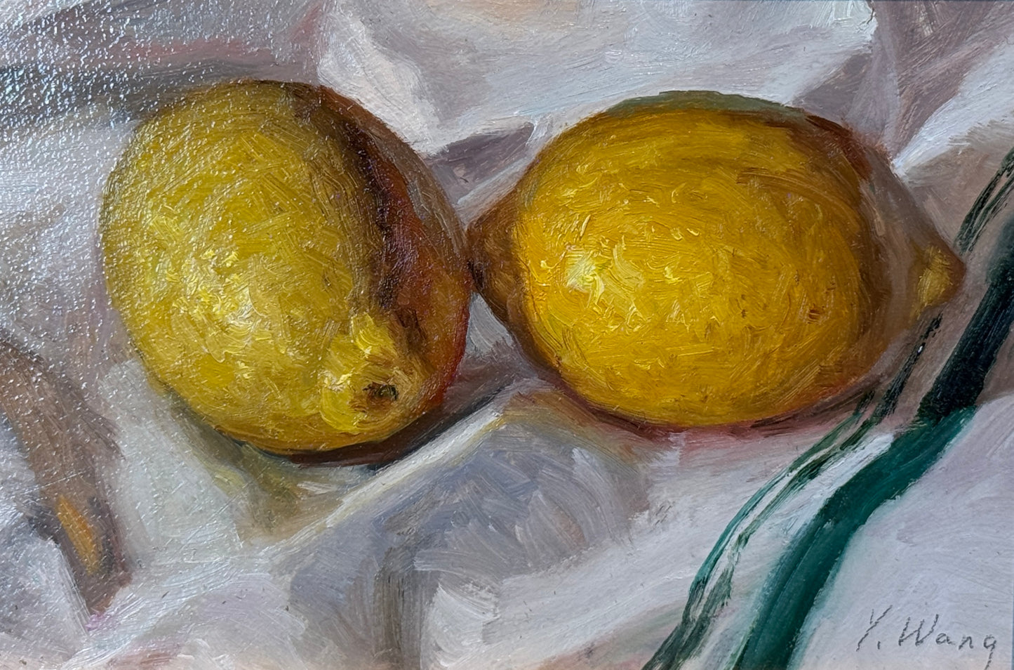 Youqing Wang Lemons on Green Striped Cloth Still Life Oil Painting in Gold Frame