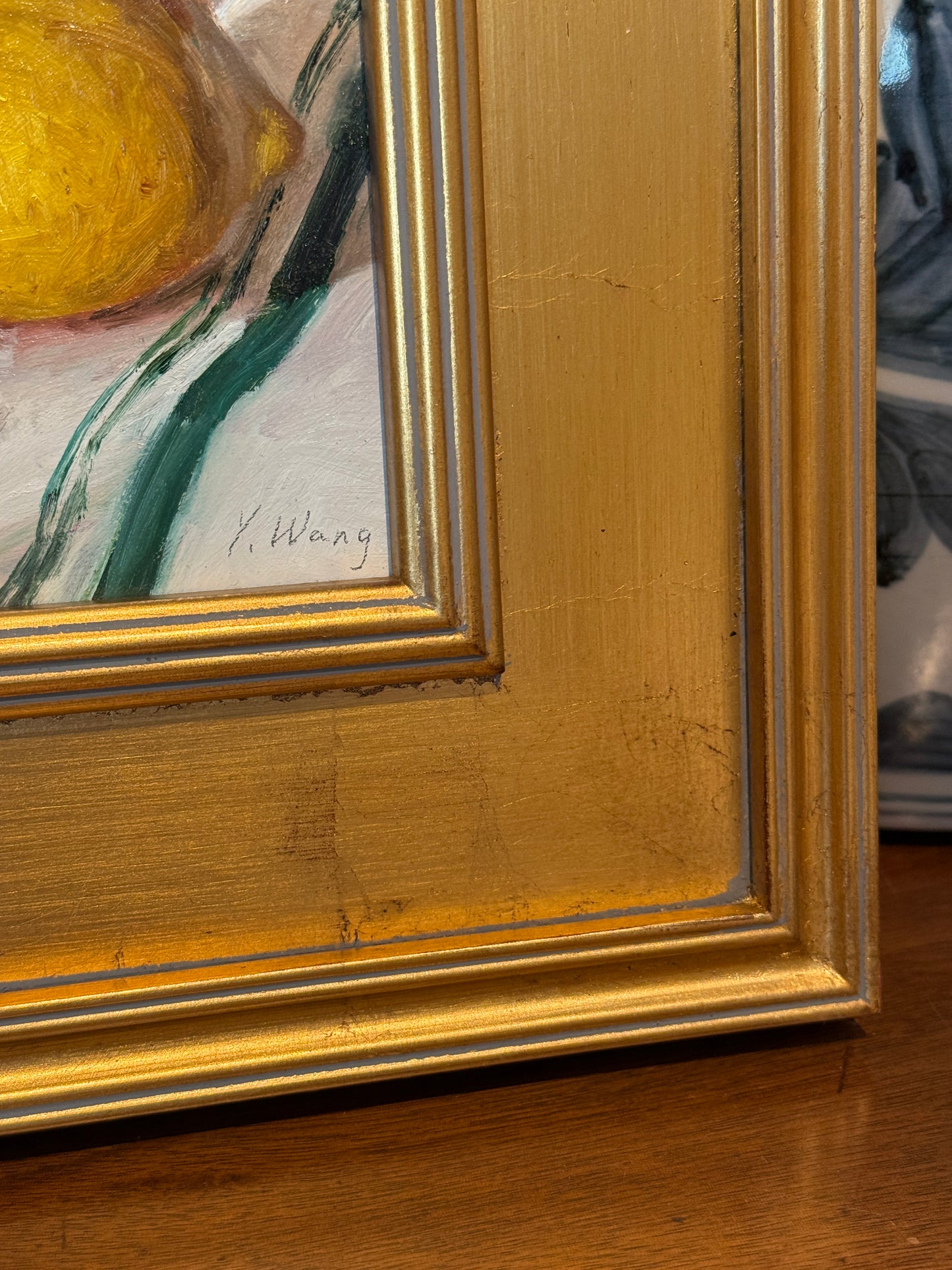 Youqing Wang Lemons on Green Striped Cloth Still Life Oil Painting in Gold Frame