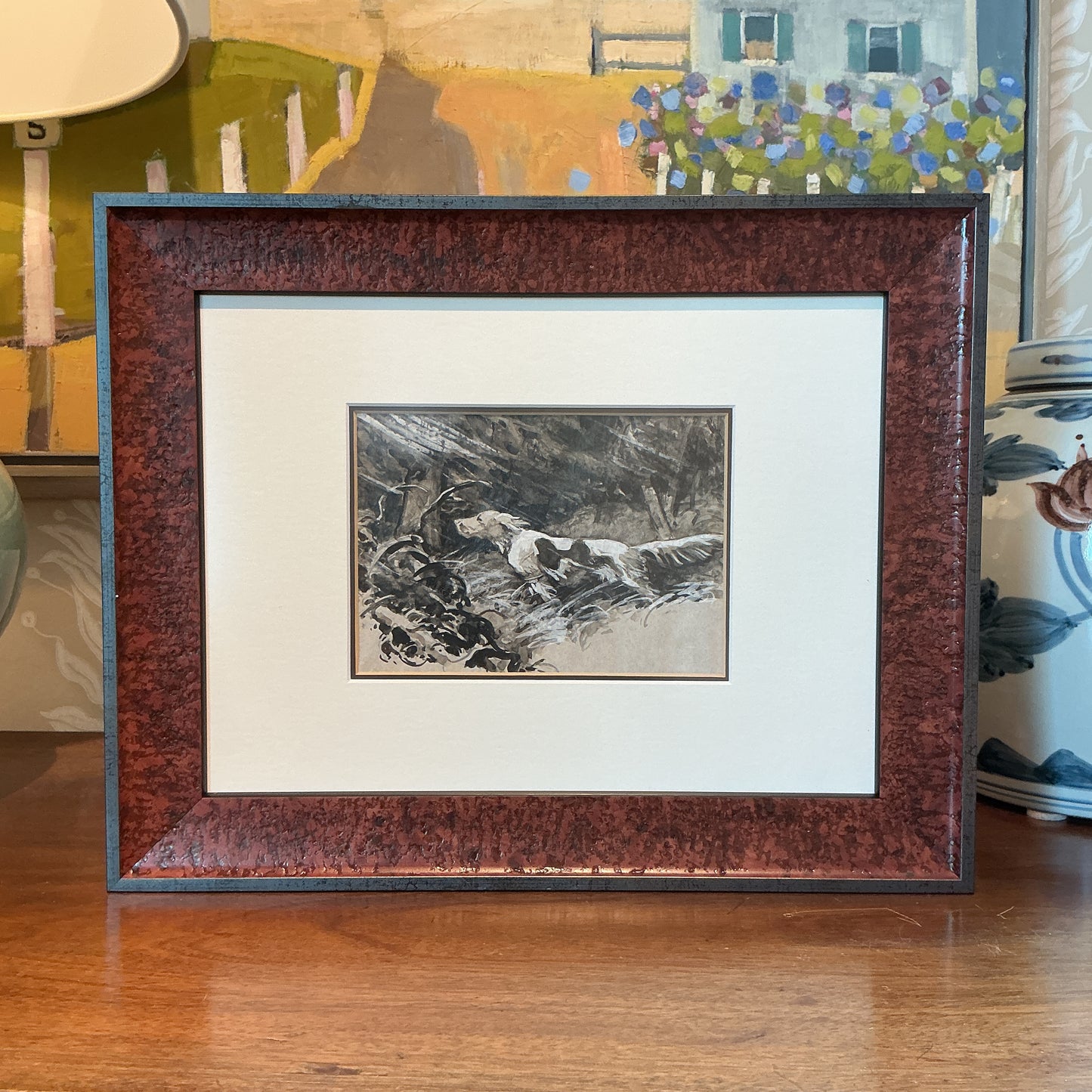 Vintage Hunting Dog Gouache Painting Portrait in Wood Frame