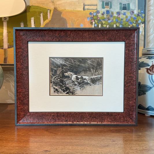 Vintage Hunting Dog Gouache Painting Portrait in Wood Frame