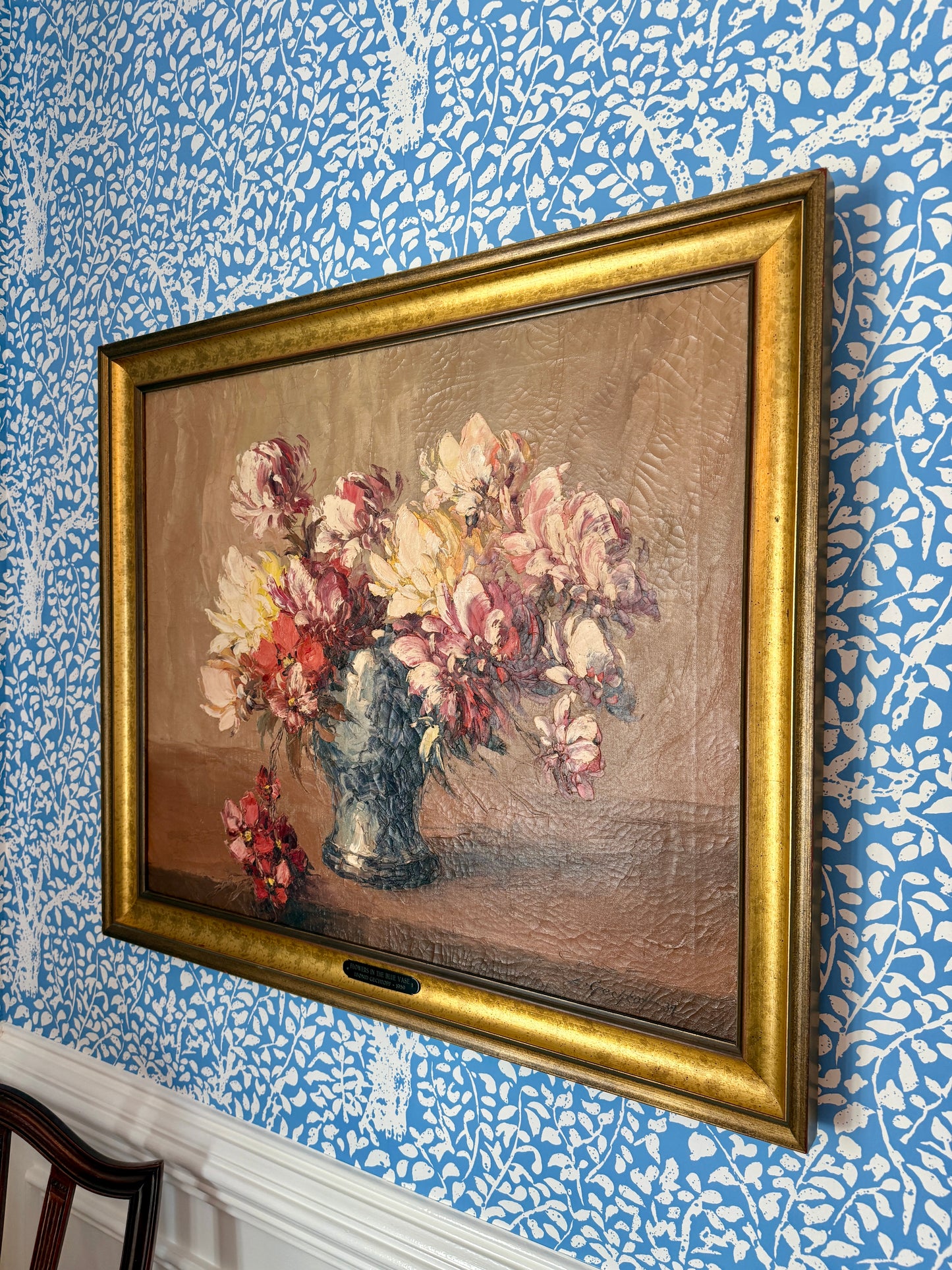 Leonid Gechtoff 1939 Flowers in the Blue Vase Still Life Oil Painting in Gold Frame