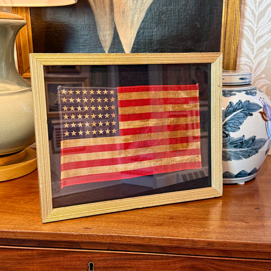 Old, 48 Star American Flag on Dark Chambray in Vintage Gold Wood Frame
