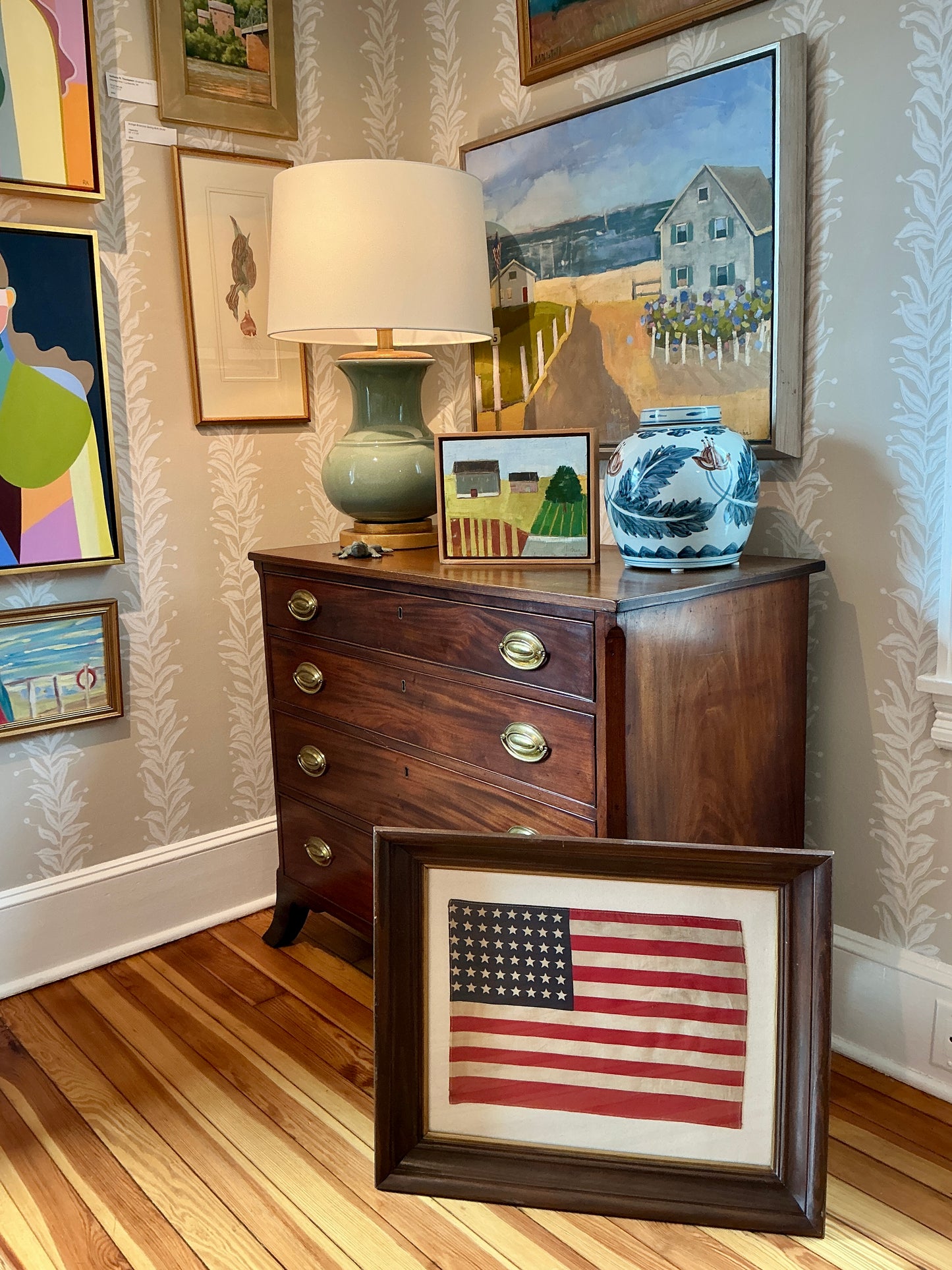 Vintage 48 Star American Flag on Sail Cloth in Old Wood Frame with Gilded Liner