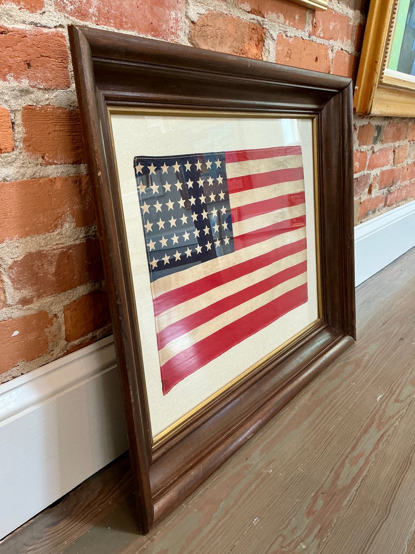 Vintage 48 Star American Flag on Sail Cloth in Old Wood Frame with Gilded Liner