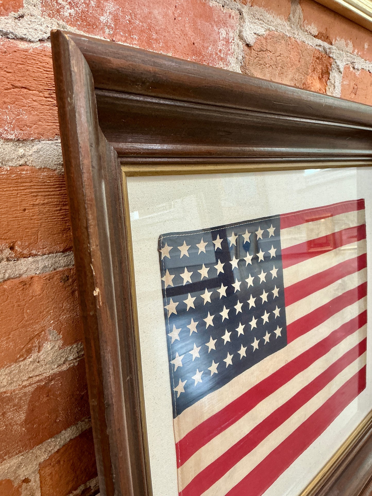 Vintage 48 Star American Flag on Sail Cloth in Old Wood Frame with Gilded Liner