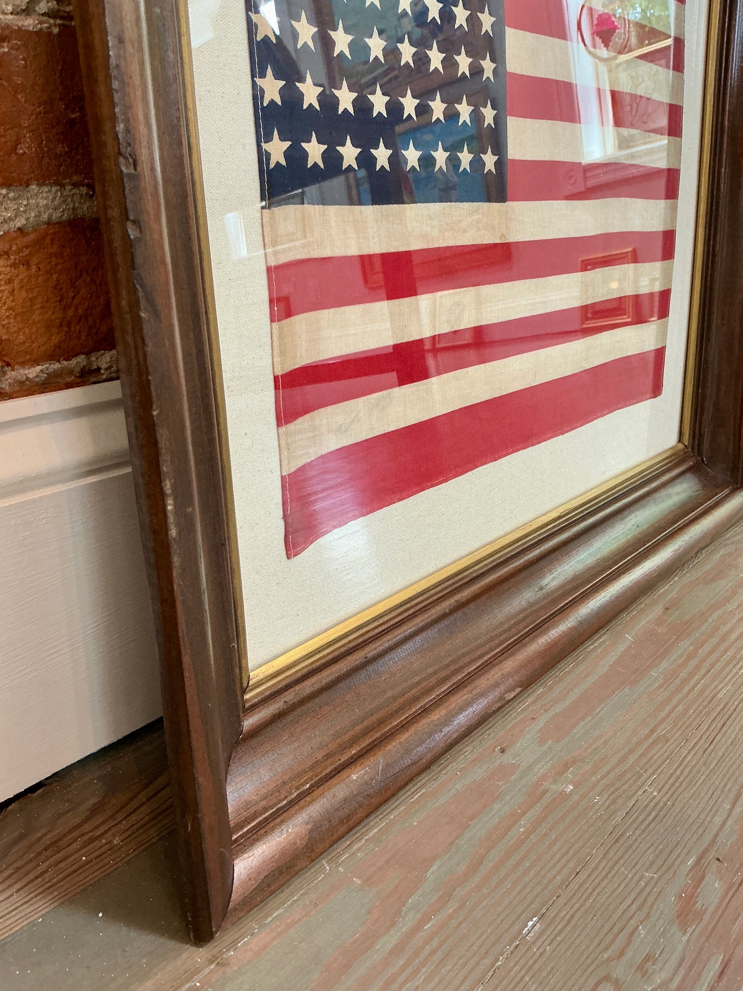 Vintage 48 Star American Flag on Sail Cloth in Old Wood Frame with Gilded Liner