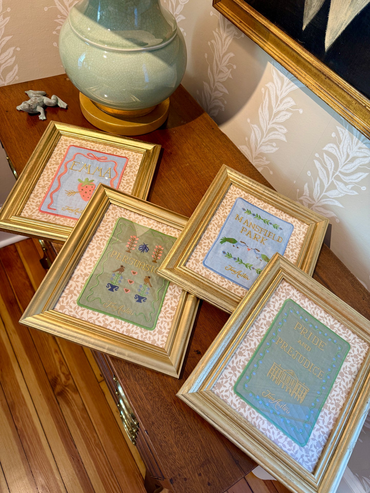 Jane Austen Novels Set of Four Emroidered Linen Books on Brunschwig & Fils Floral in Gold Frames