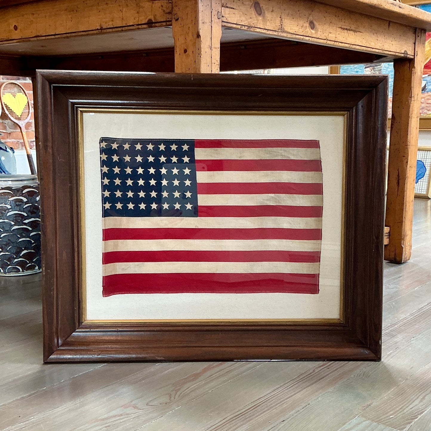 Vintage 48 Star American Flag on Sail Cloth in Old Wood Frame with Gilded Liner