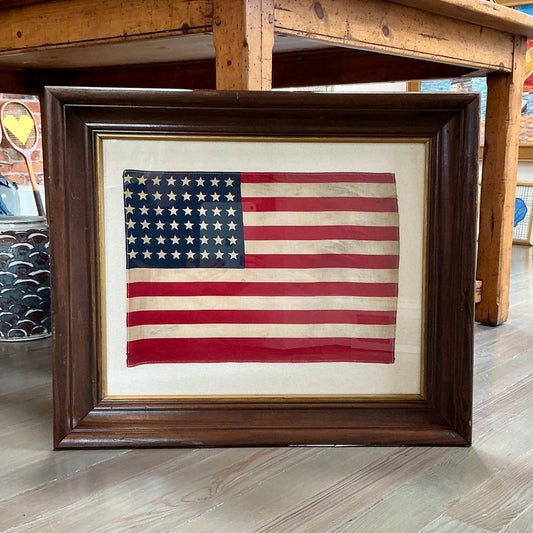 Vintage 48 Star American Flag on Sail Cloth in Old Wood Frame with Gilded Liner