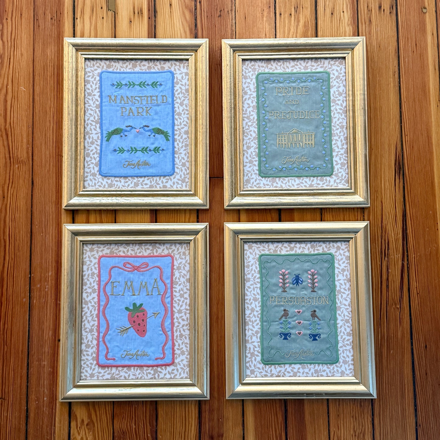 Jane Austen Novels Set of Four Emroidered Linen Books on Brunschwig & Fils Floral in Gold Frames