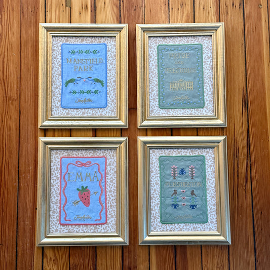 Jane Austen Novels Set of Four Emroidered Linen Books on Brunschwig & Fils Floral in Gold Frames