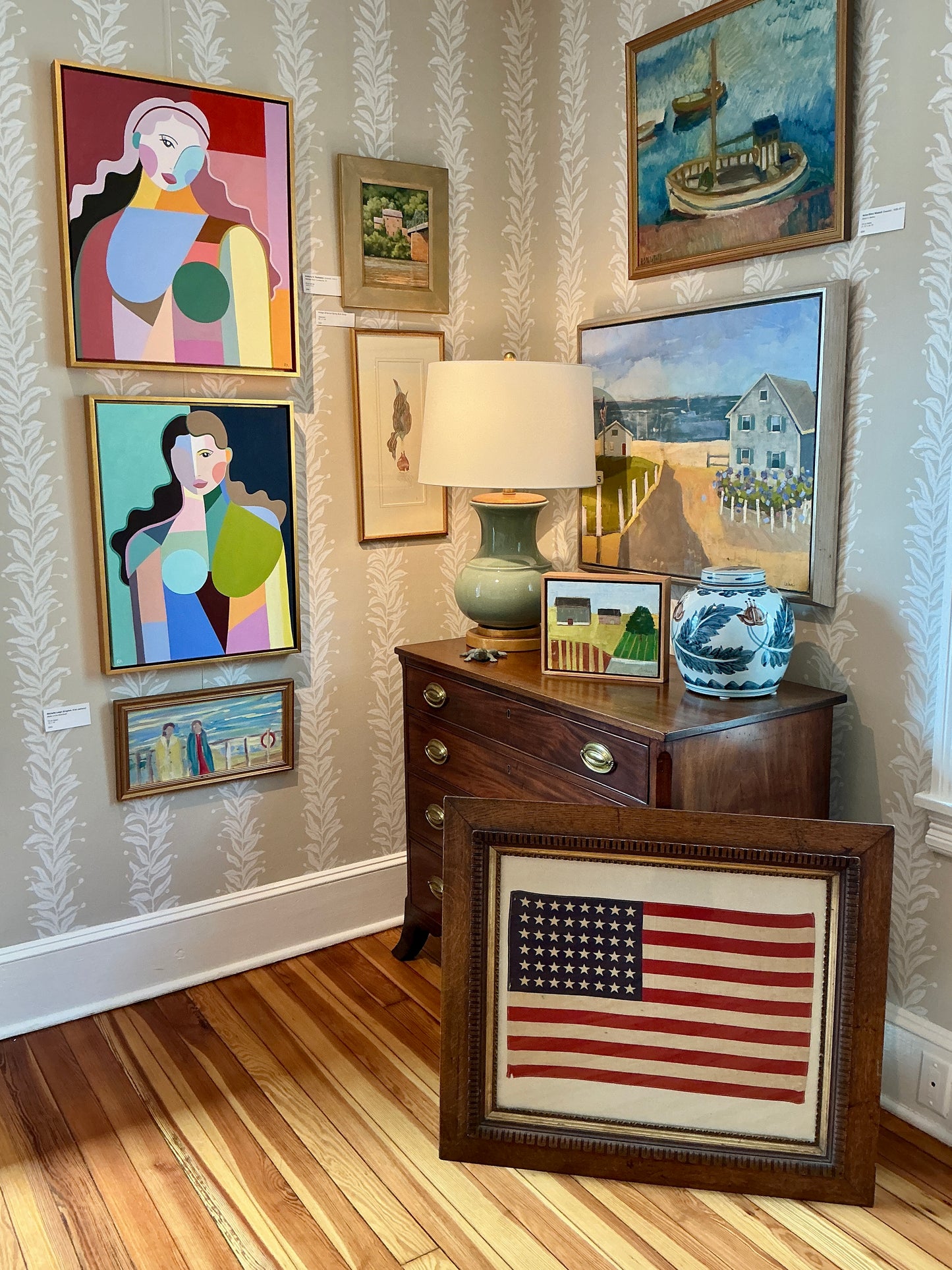 Vintage 48 Star American Flag on Sail Cloth in Antique Ornate Oak Wood Frame