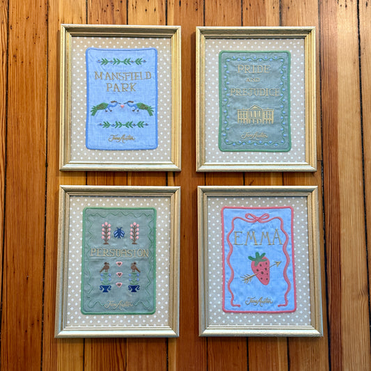 Jane Austen Novels Set of Four Emroidered Linen Books on Iona Crawford Jevington Fabric in Gold Frames