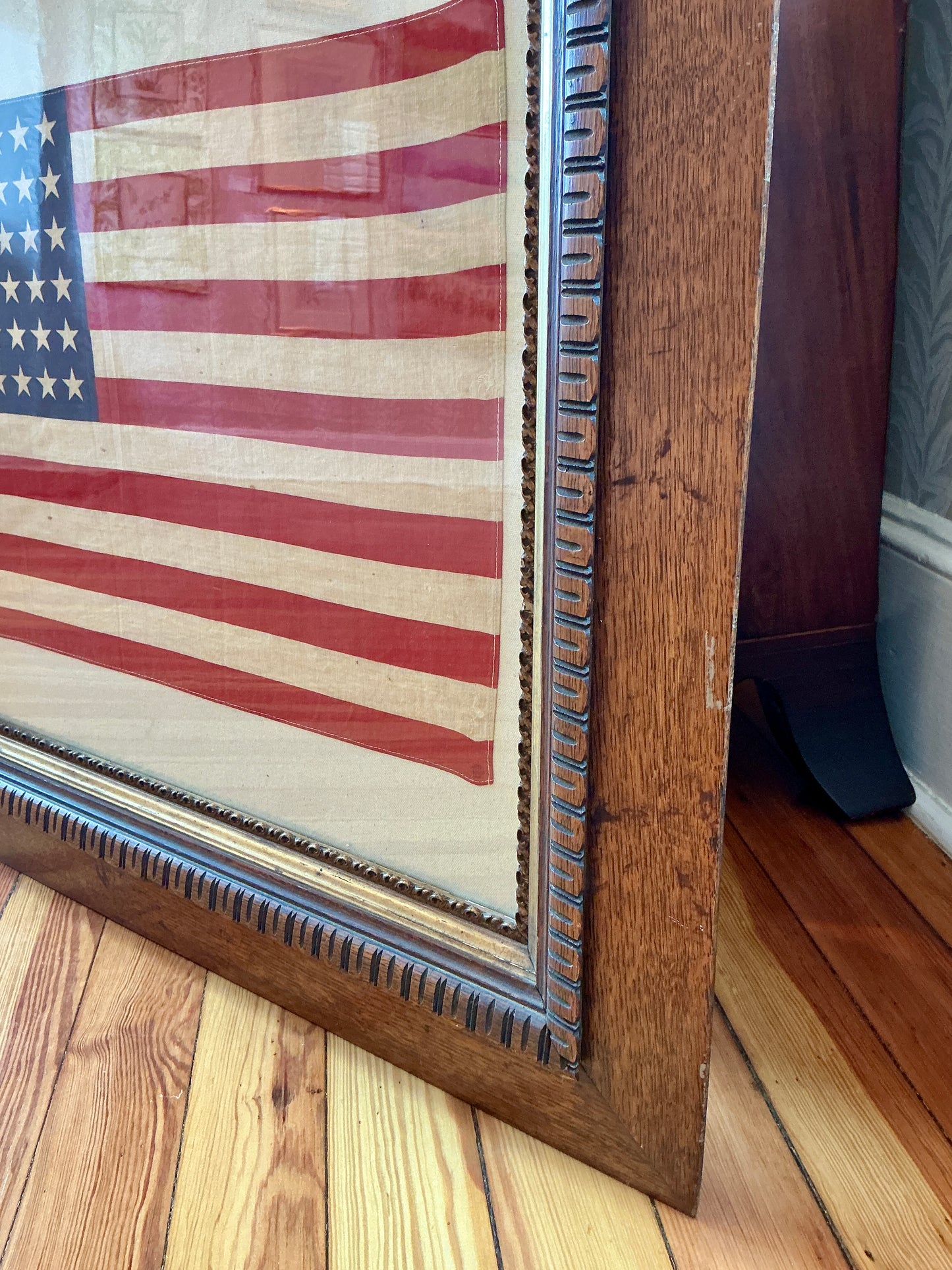 Vintage 48 Star American Flag on Sail Cloth in Antique Ornate Oak Wood Frame