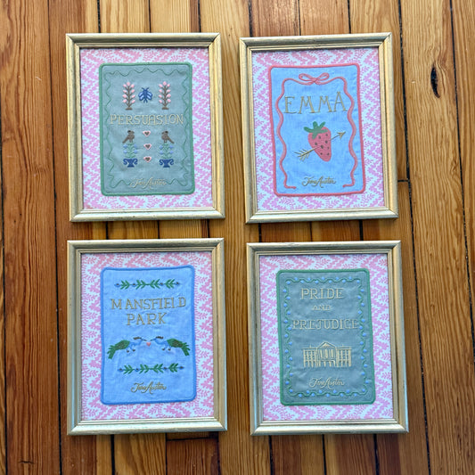 Jane Austen Novels Set of Four Emroidered Linen Books on Pink Cyrus Clark Fabric in Gold Frames