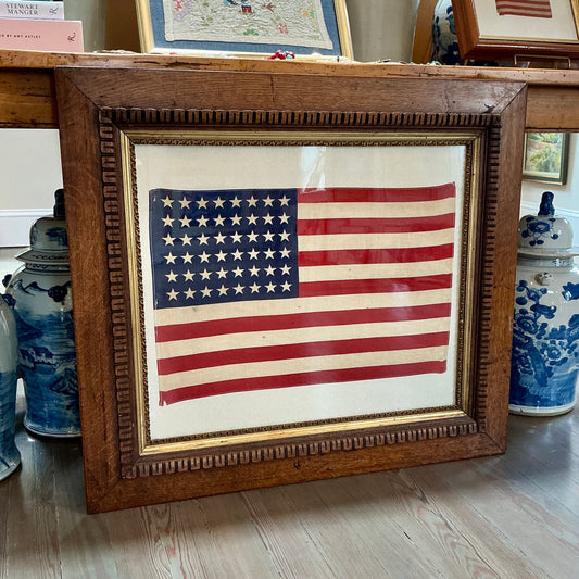 Vintage 48 Star American Flag on Sail Cloth in Antique Ornate Oak Wood Frame