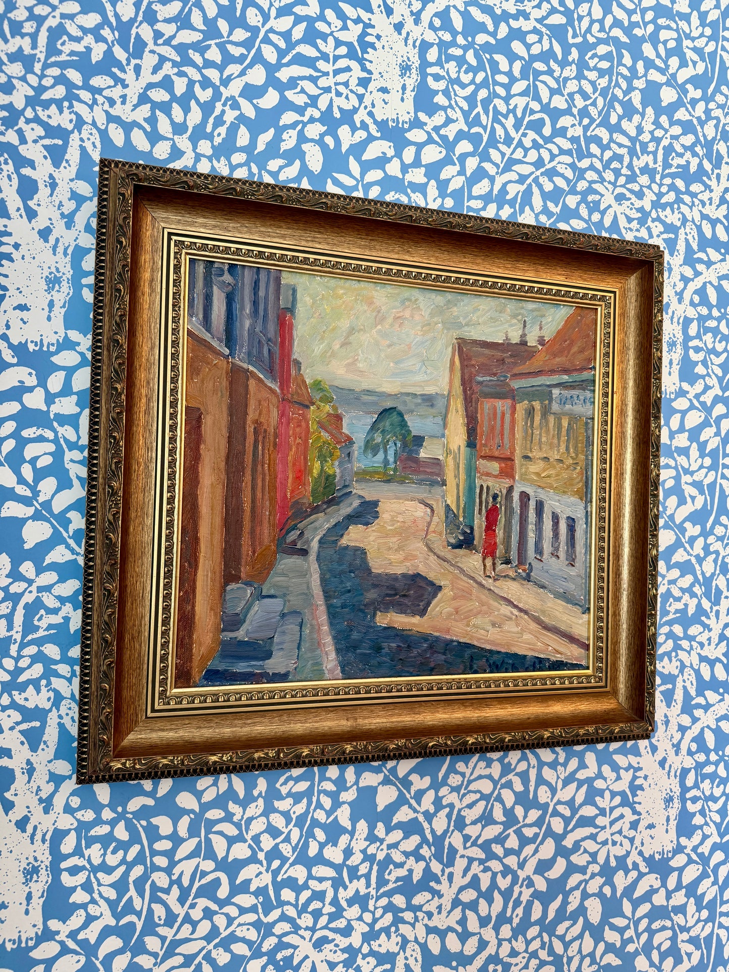 Vintage Modern Impressionist Sunny Coastal Townscape Oil Painting in Gold Frame