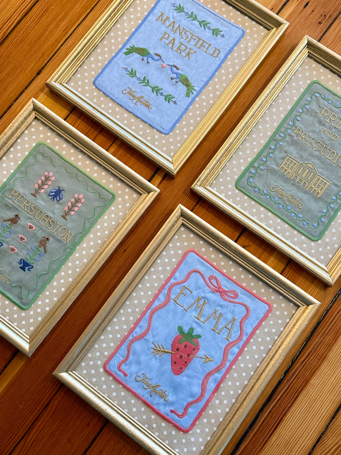 Jane Austen Novels Set of Four Emroidered Linen Books on Iona Crawford Jevington Fabric in Gold Frames