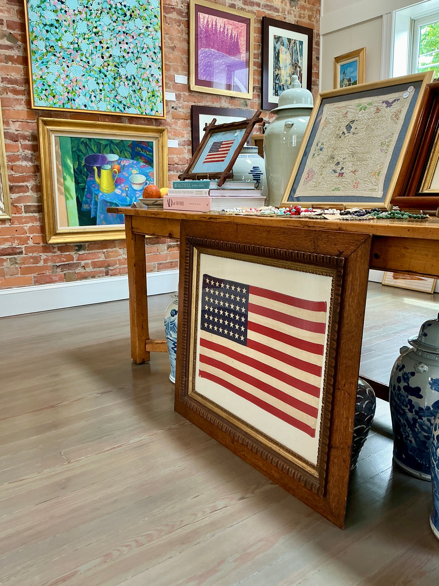 Vintage 48 Star American Flag on Sail Cloth in Antique Ornate Oak Wood Frame