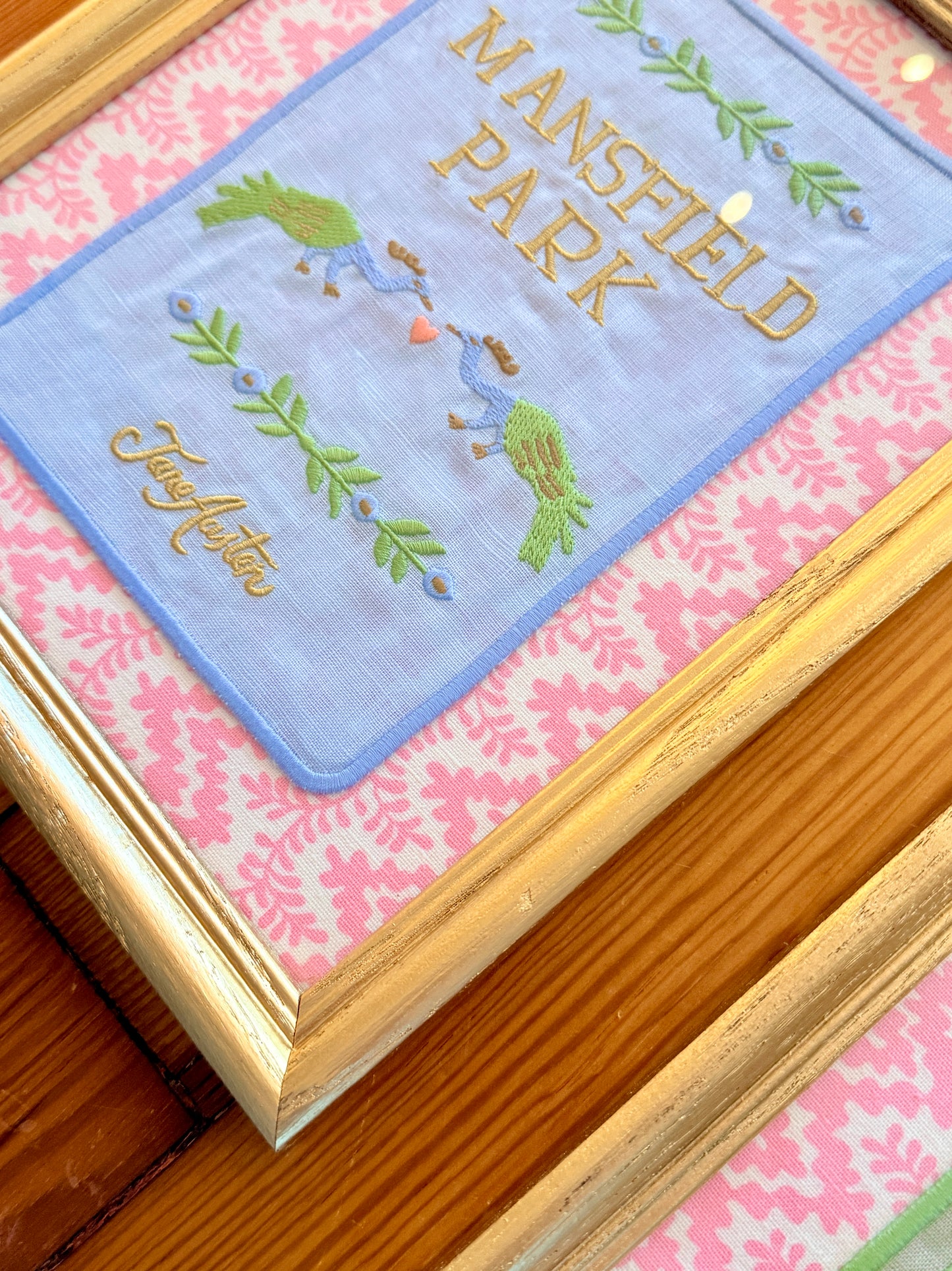 Jane Austen Novels Set of Four Emroidered Linen Books on Pink Cyrus Clark Fabric in Gold Frames