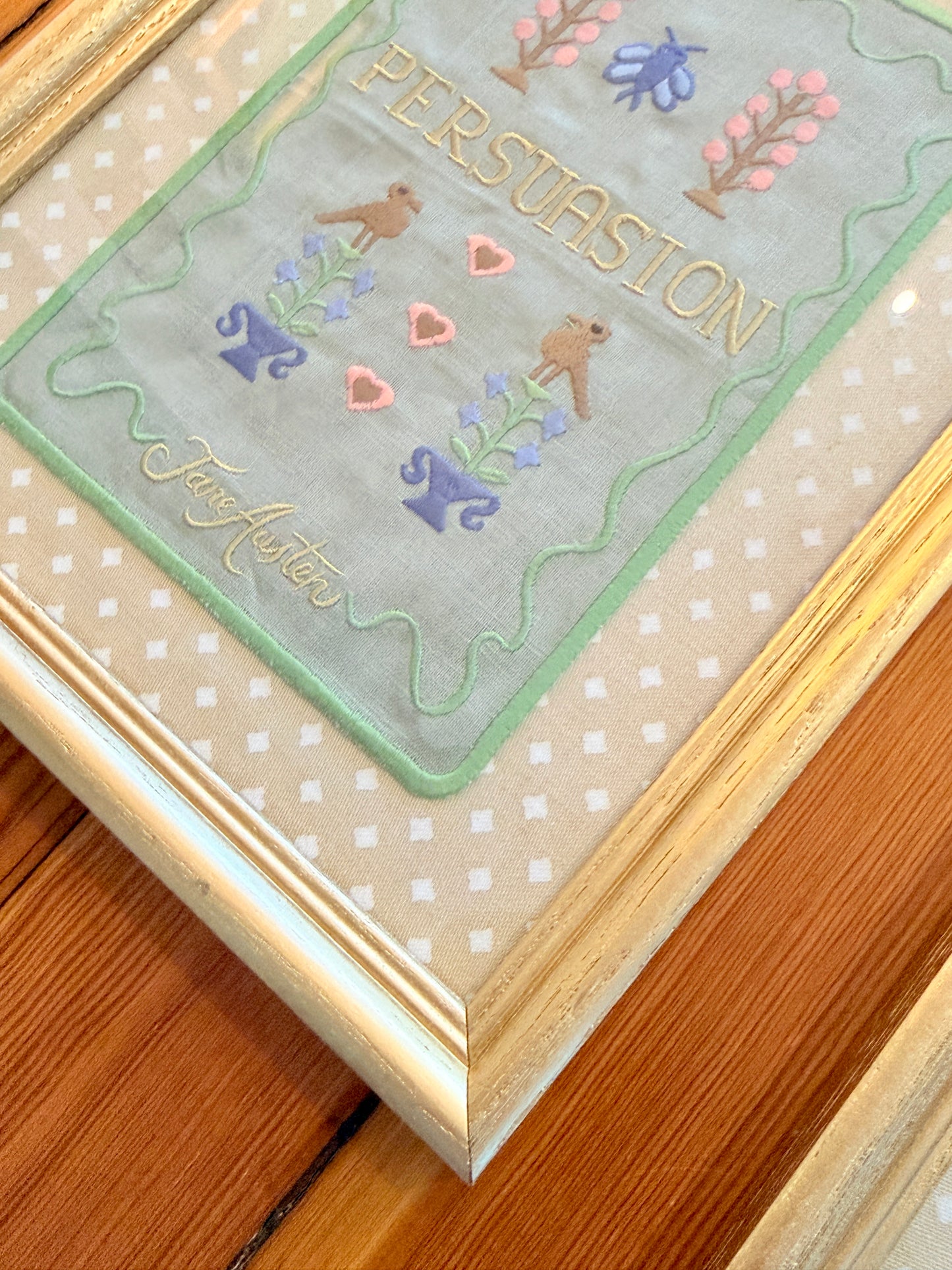 Jane Austen Novels Set of Four Emroidered Linen Books on Iona Crawford Jevington Fabric in Gold Frames