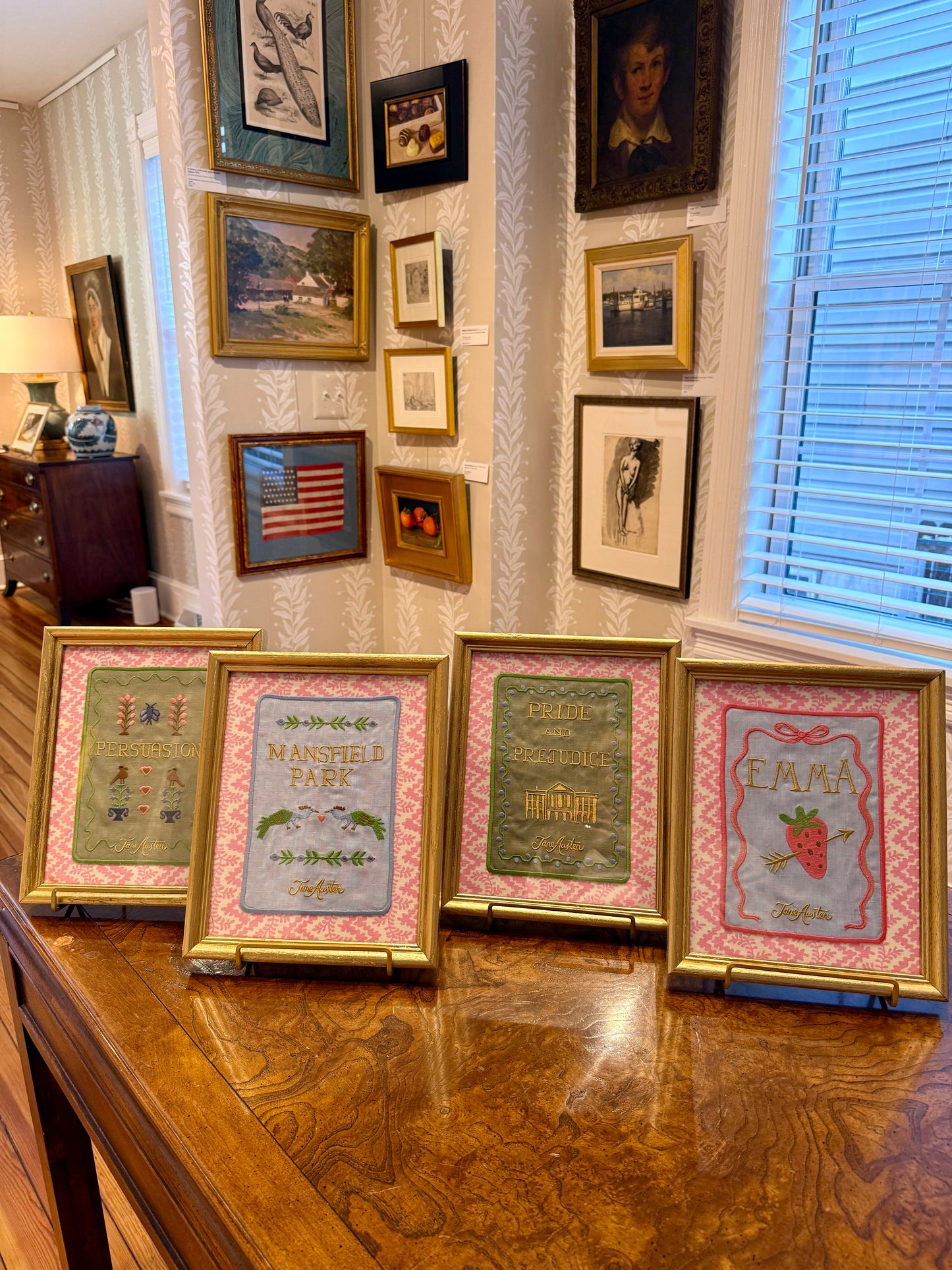 Jane Austen Novels Set of Four Emroidered Linen Books on Pink Cyrus Clark Fabric in Gold Frames