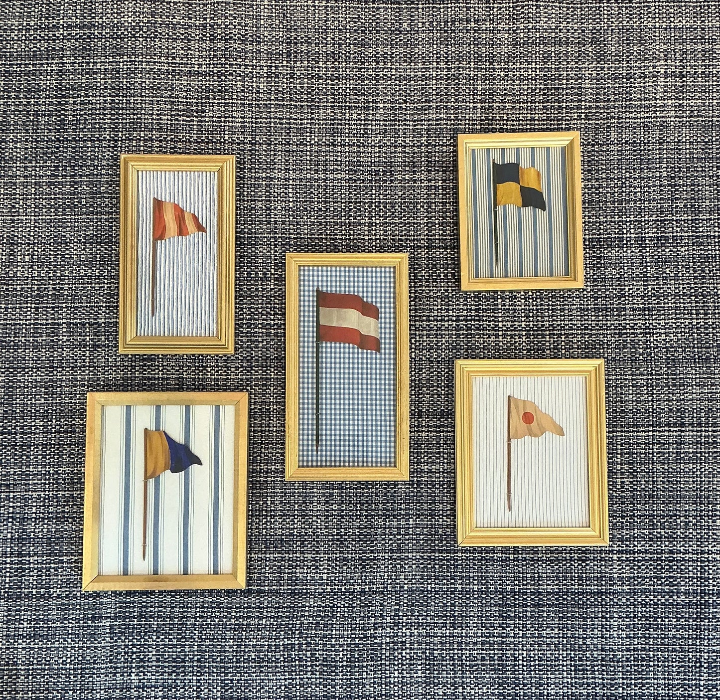 Antique 1905 Nautical Yellow and Blue Checkered Flag Oil Painting on Blue and White in Gold Frame