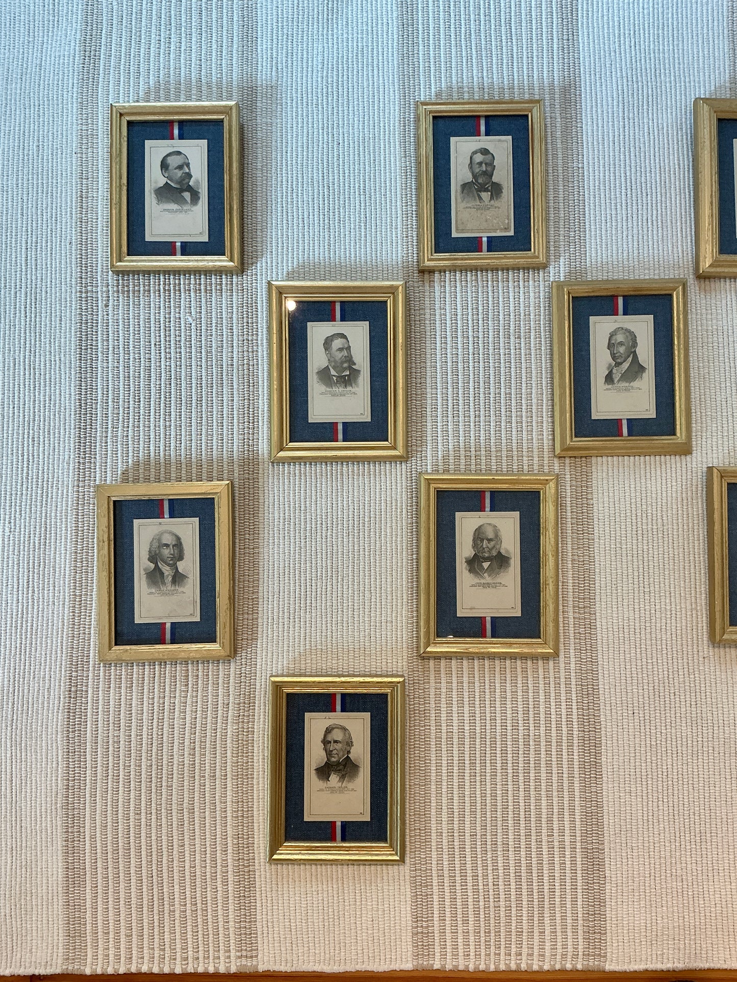 Set of 13 19th Century American Presidential Trading Cards on Red White Blue Ribbon in Gold Frames