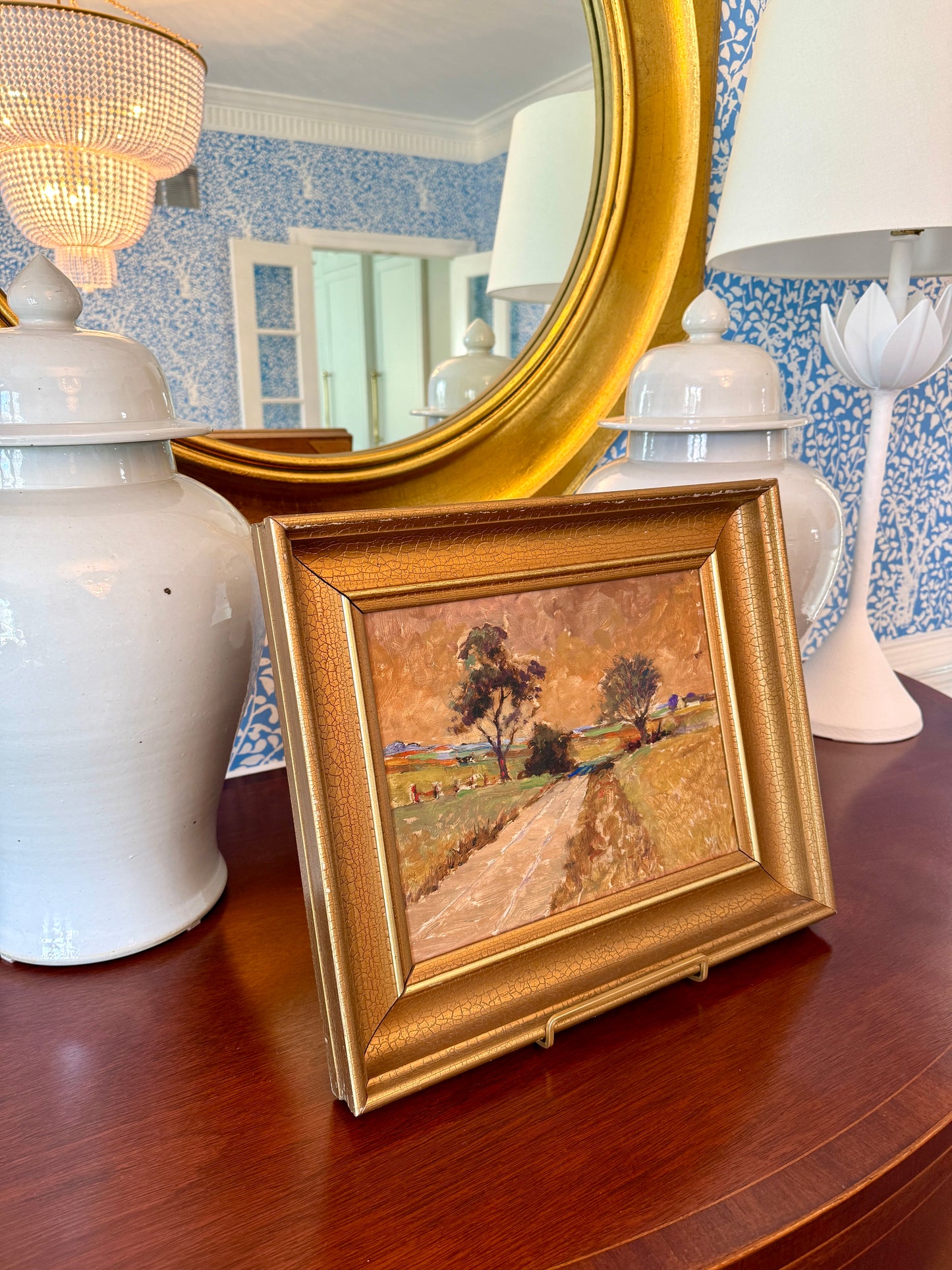 Vintage Impressionist Country Road Landscape Oil Painting in Gold Frame