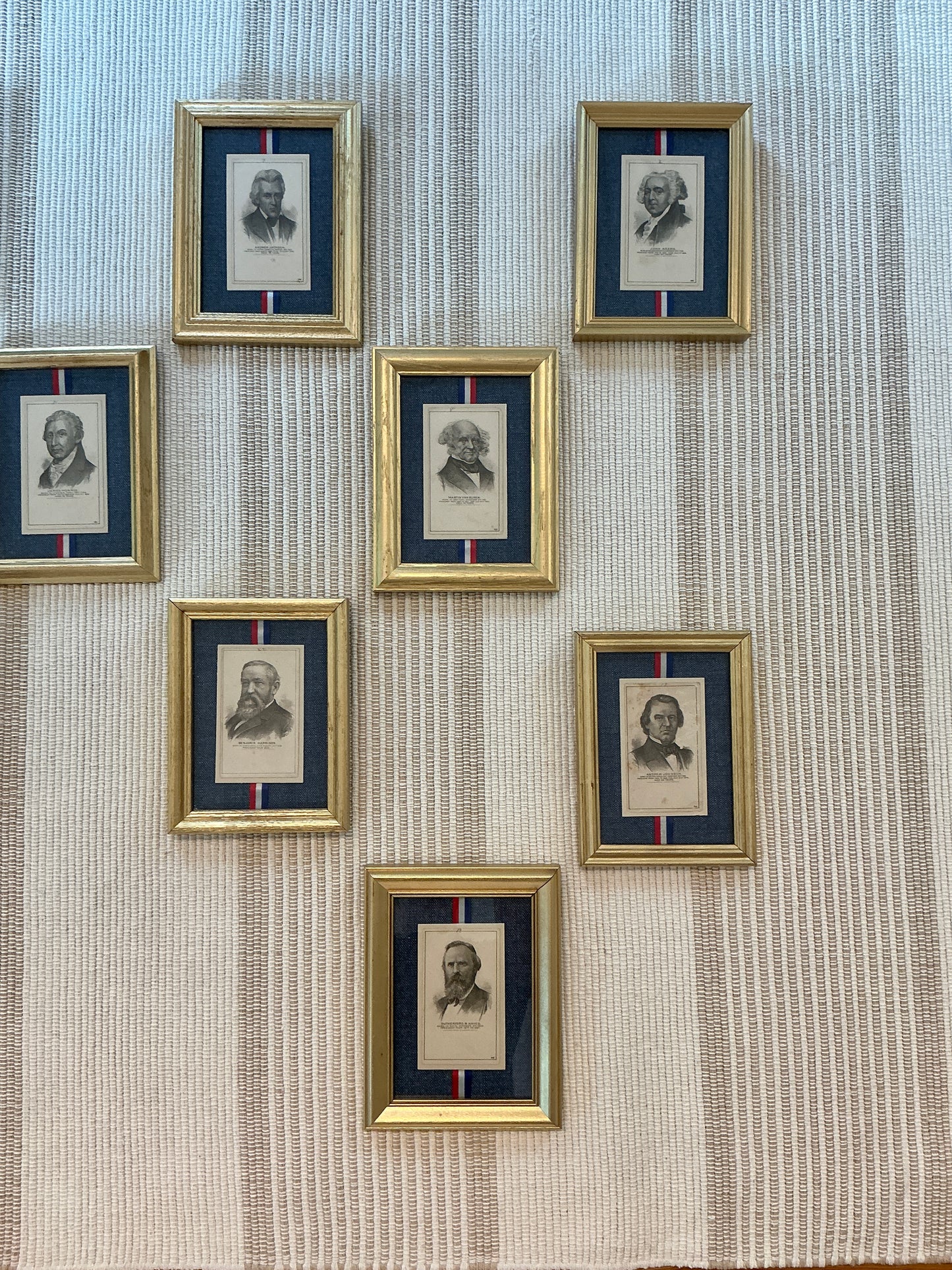 Set of 13 19th Century American Presidential Trading Cards on Red White Blue Ribbon in Gold Frames