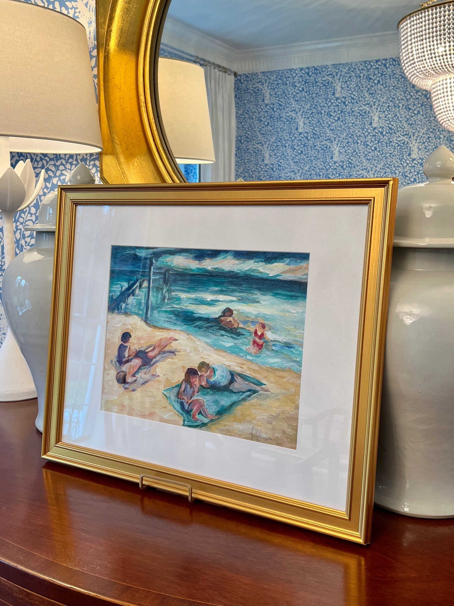 Mid Century Beach Bathers Oil Painting