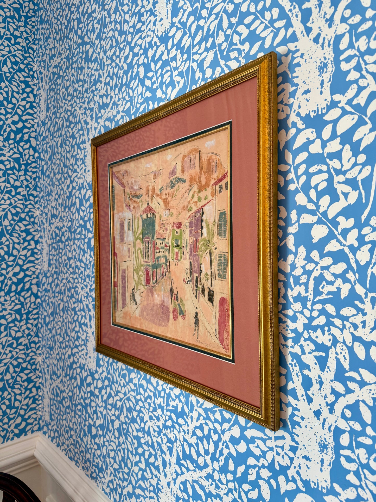 After Charles Cobelle 1962 Colorful European Pink Cityscape Gouache Painting in Gold Frame