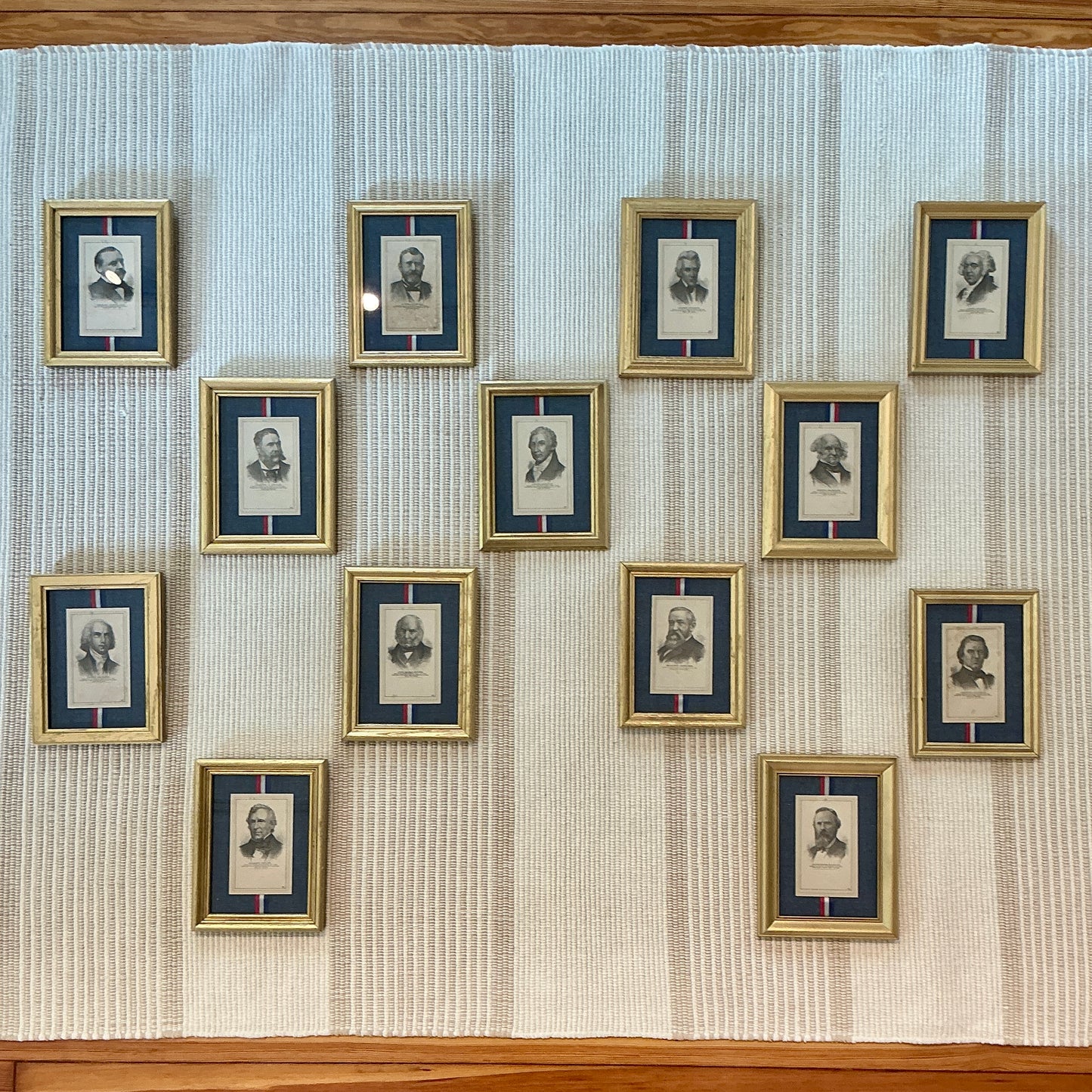 Set of 13 19th Century American Presidential Trading Cards on Red White Blue Ribbon in Gold Frames