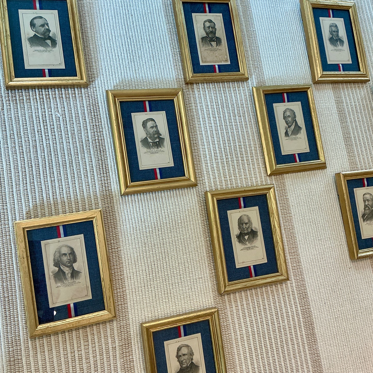 Set of 13 19th Century American Presidential Trading Cards on Red White Blue Ribbon in Gold Frames