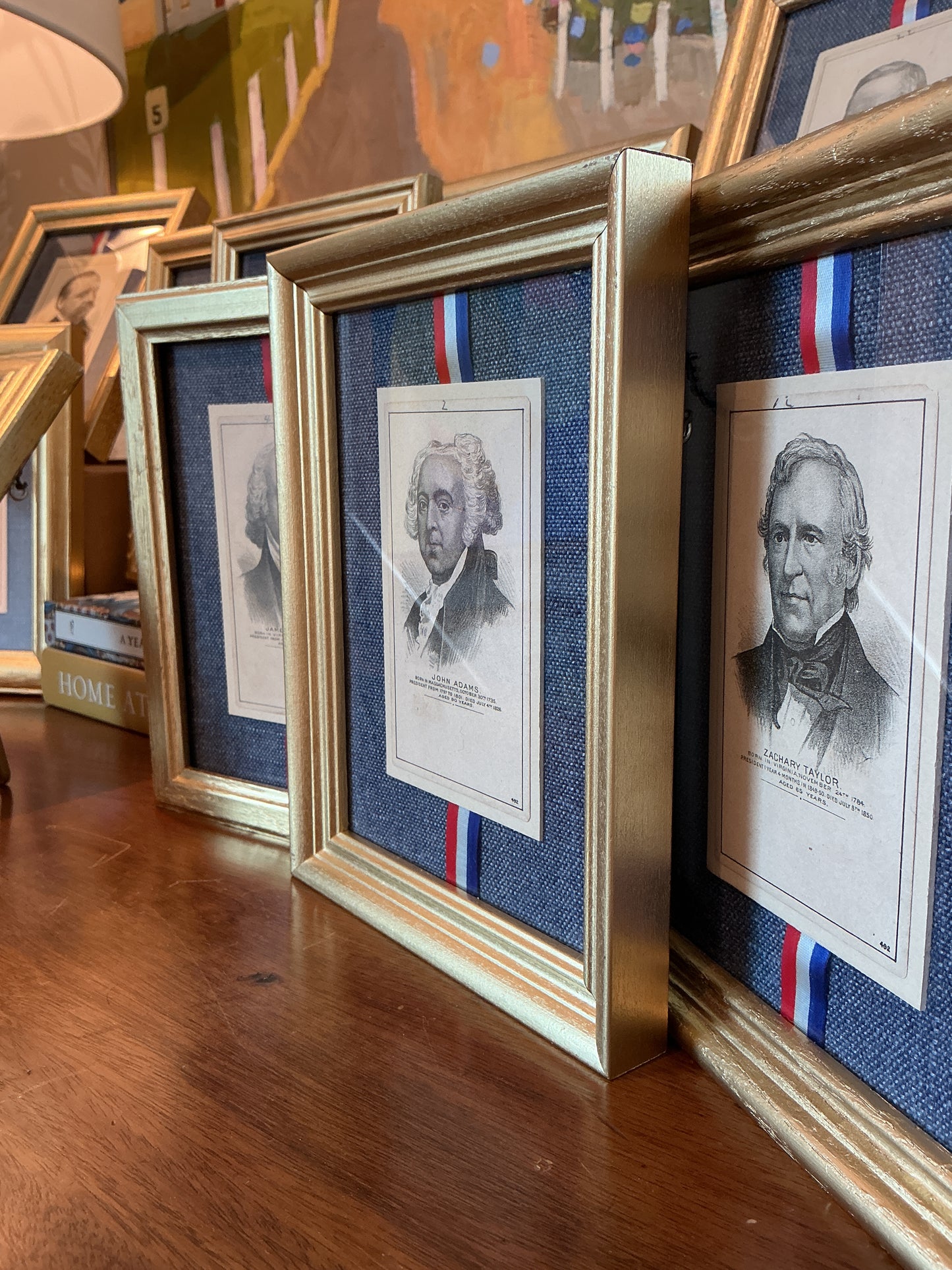 Set of 13 19th Century American Presidential Trading Cards on Red White Blue Ribbon in Gold Frames