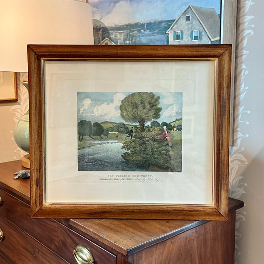 19th Century Fly Fishing for Trout by James Pollard Hand Colored Etching in Wood and Gilded Frame