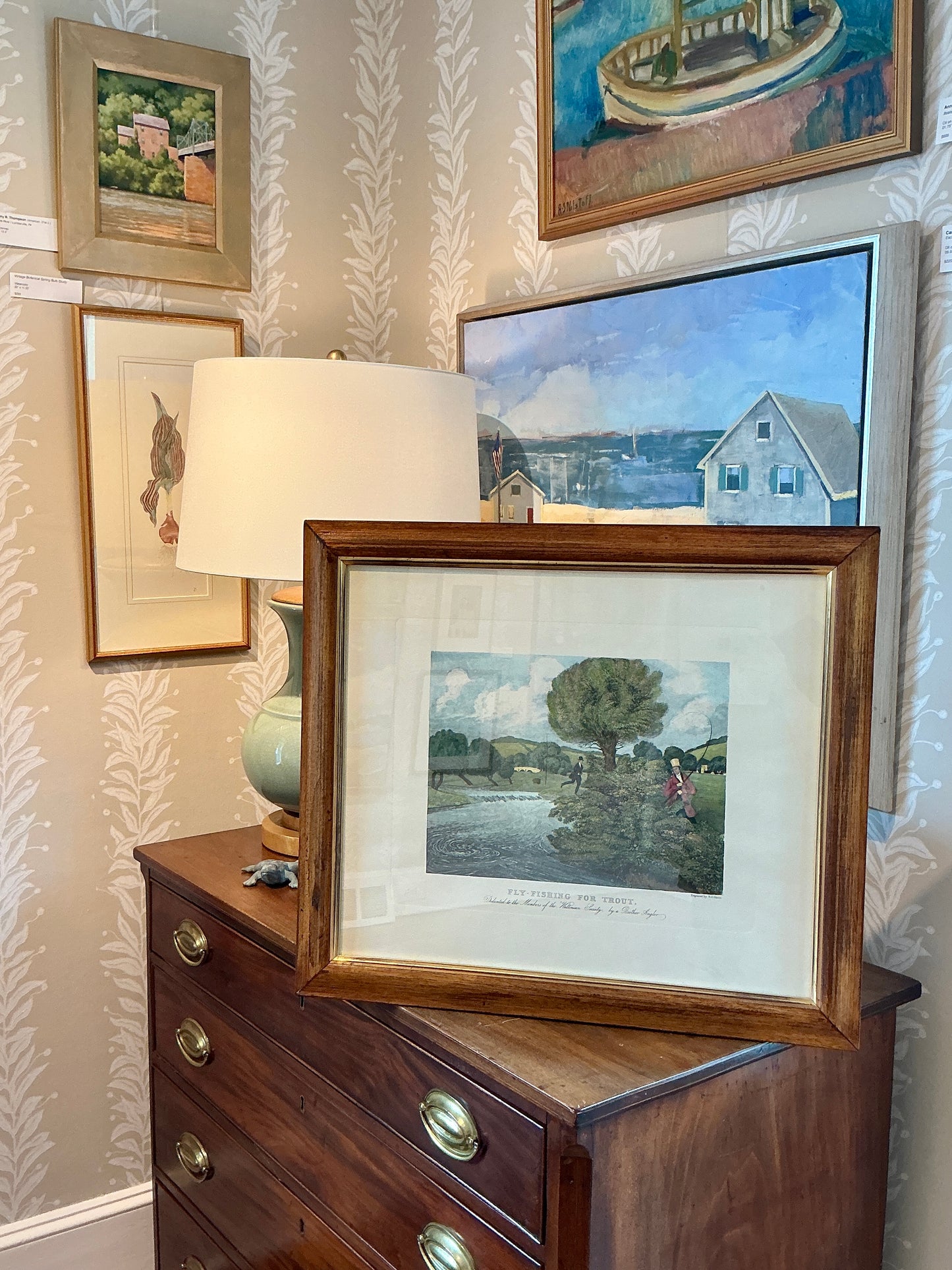 19th Century Fly Fishing for Trout by James Pollard Hand Colored Etching in Wood and Gilded Frame