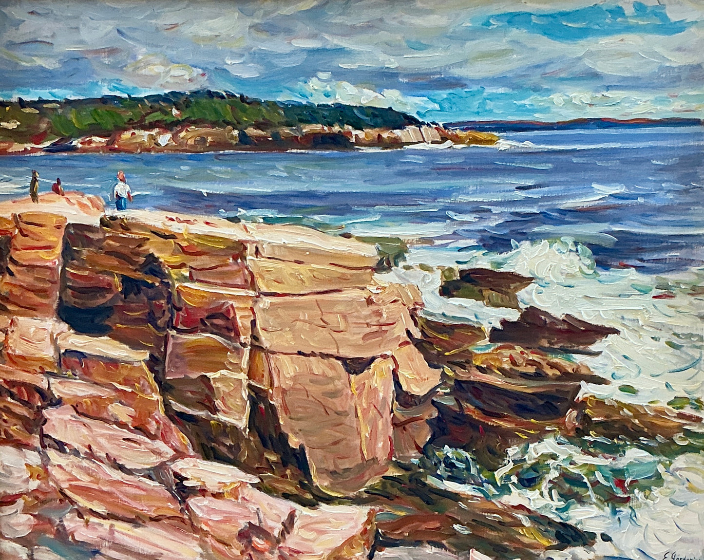 Edmund Jordan View from the Top New England Coastal Landscape Oil Painting in Gold Frame