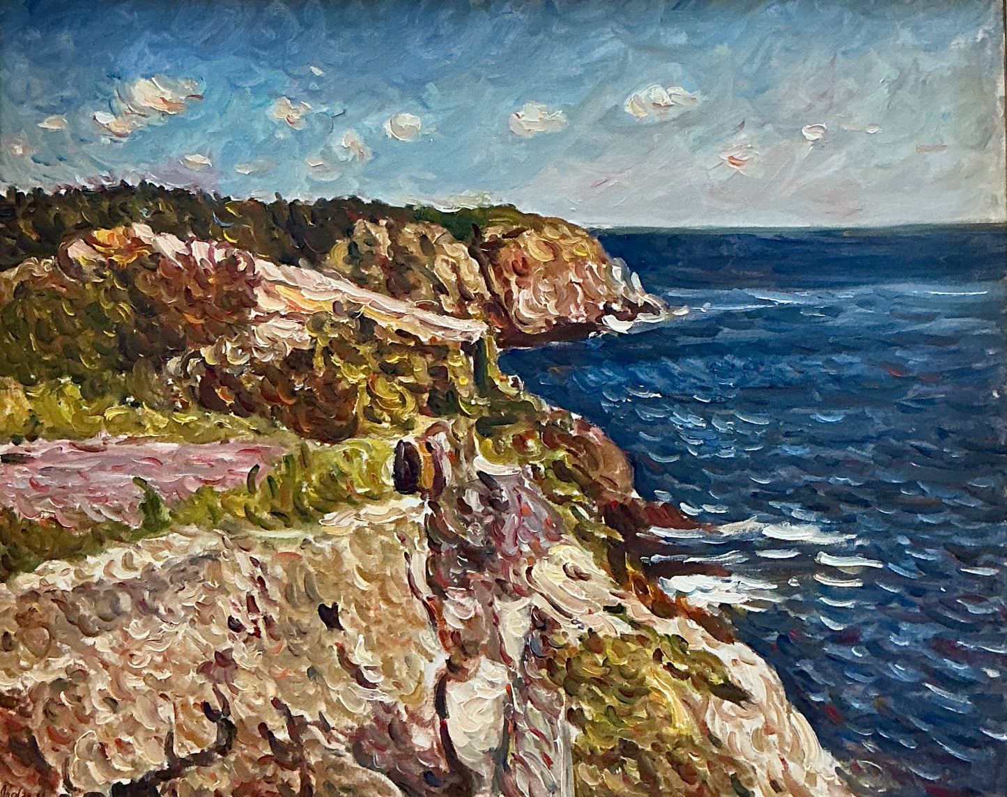 Edmund Jordan Summer Cliffs of New England Oil Painting Coastal Landscape in Gold Frame