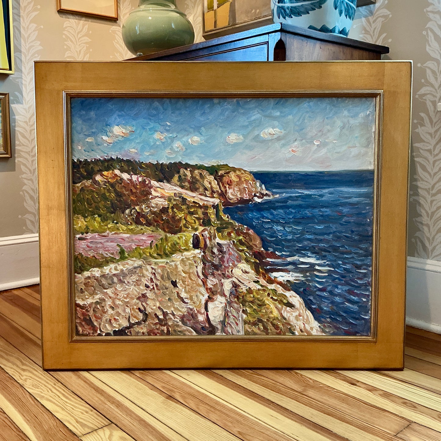 Edmund Jordan Summer Cliffs of New England Oil Painting Coastal Landscape in Gold Frame