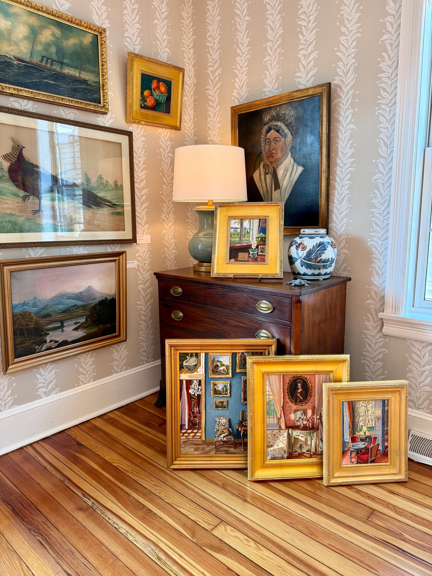 Stephanie Doucet Le Salon Bleu Paris, France Interior Oil Painting in Gold Frame