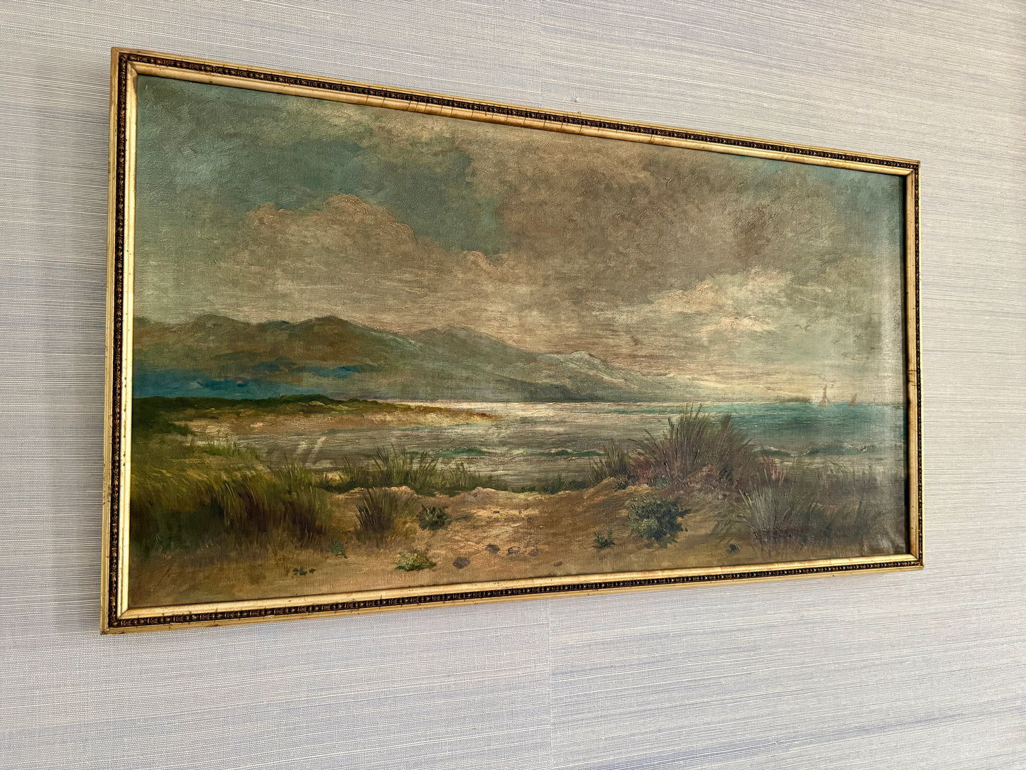 C. 1900 Coastal Beach Landscape with Sailboats Oil Painting in Gold Frame
