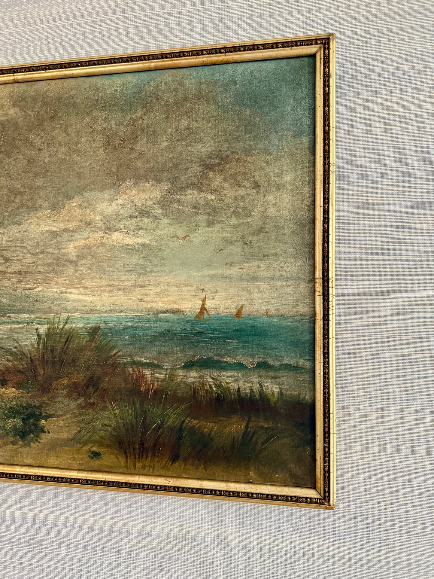 C. 1900 Coastal Beach Landscape with Sailboats Oil Painting in Gold Frame
