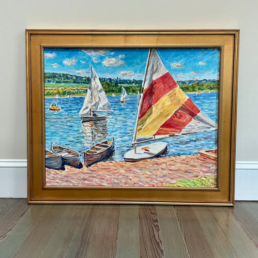 Edmund Jordan Windy Day Sailboats Oil Painting Coastal Landscape in Gold Frame