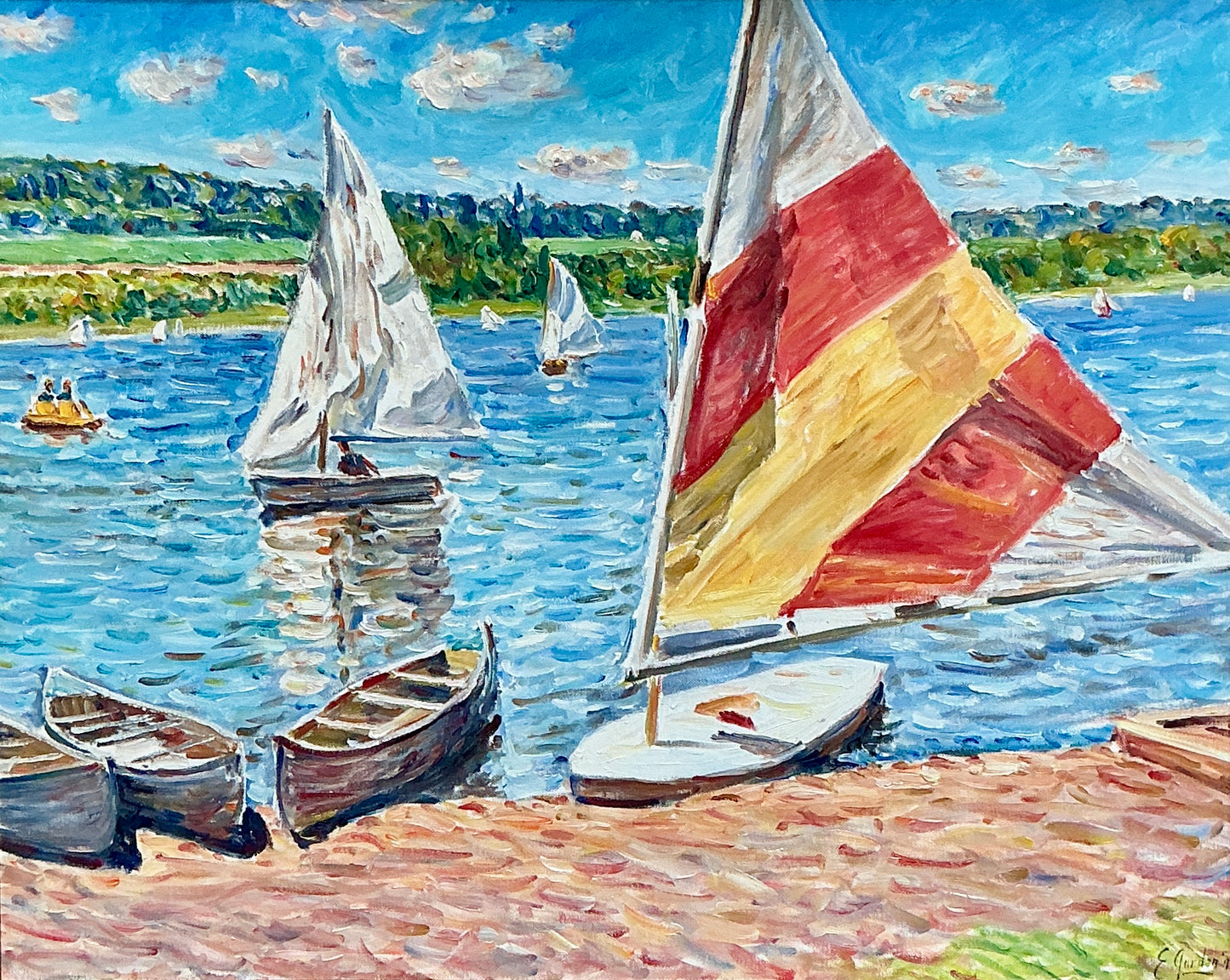 Edmund Jordan Windy Day Sailboats Oil Painting Coastal Landscape in Gold Frame