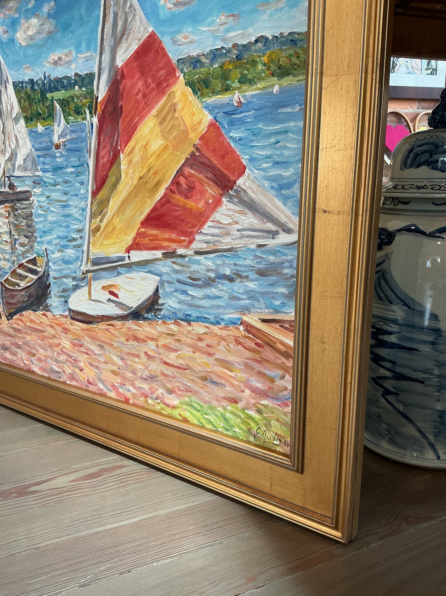 Edmund Jordan Windy Day Sailboats Oil Painting Coastal Landscape in Gold Frame