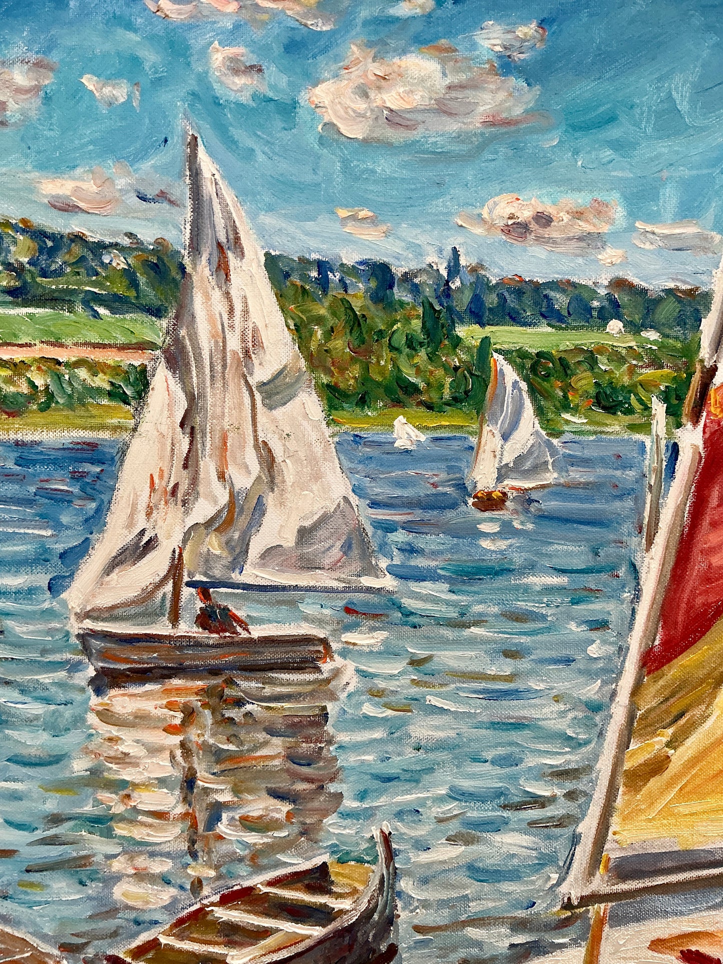 Edmund Jordan Windy Day Sailboats Oil Painting Coastal Landscape in Gold Frame