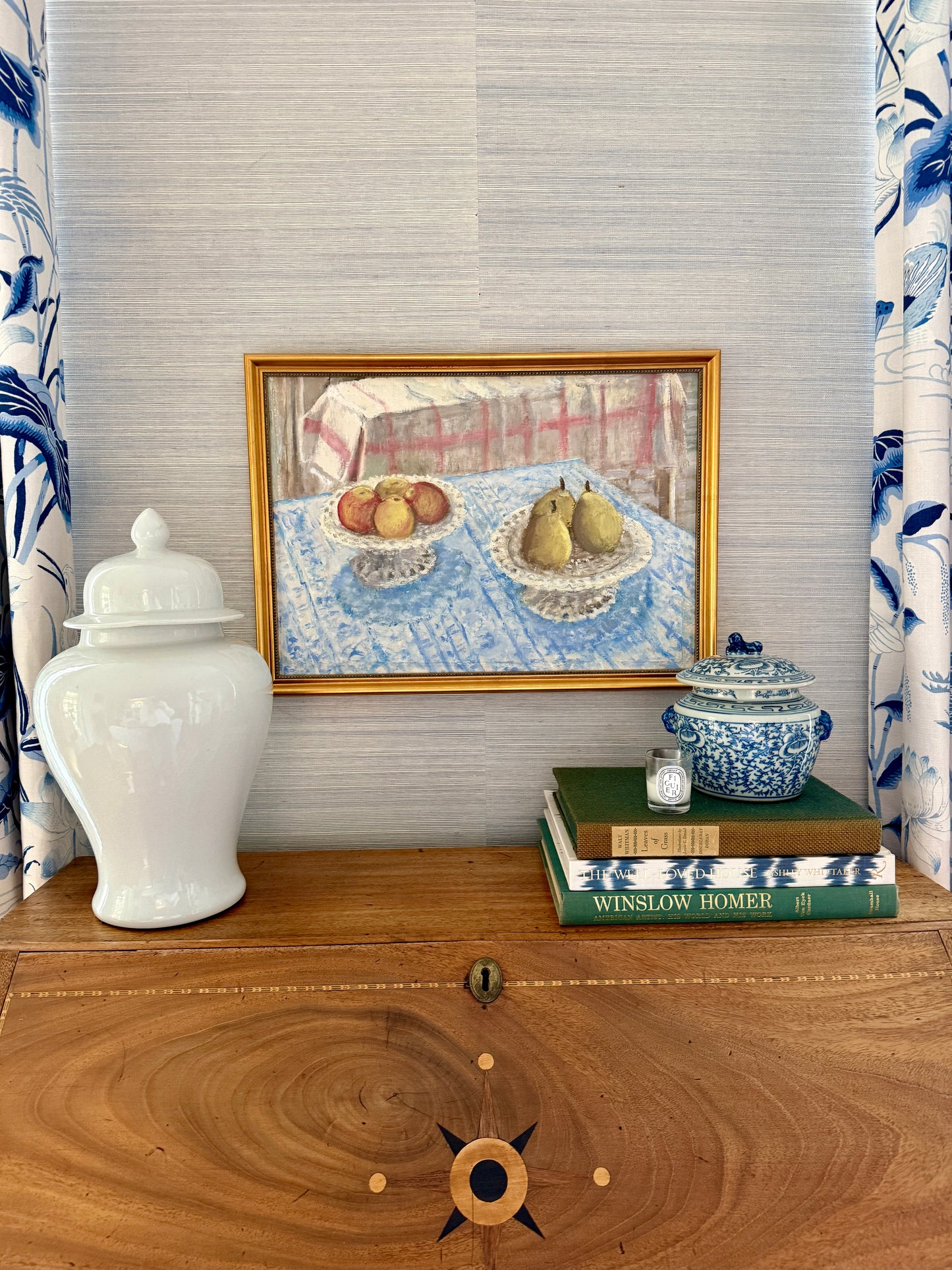 Apples and Pears in Reticulated Porcelain Compotes Still Life Oil Painting in Gold Frame
