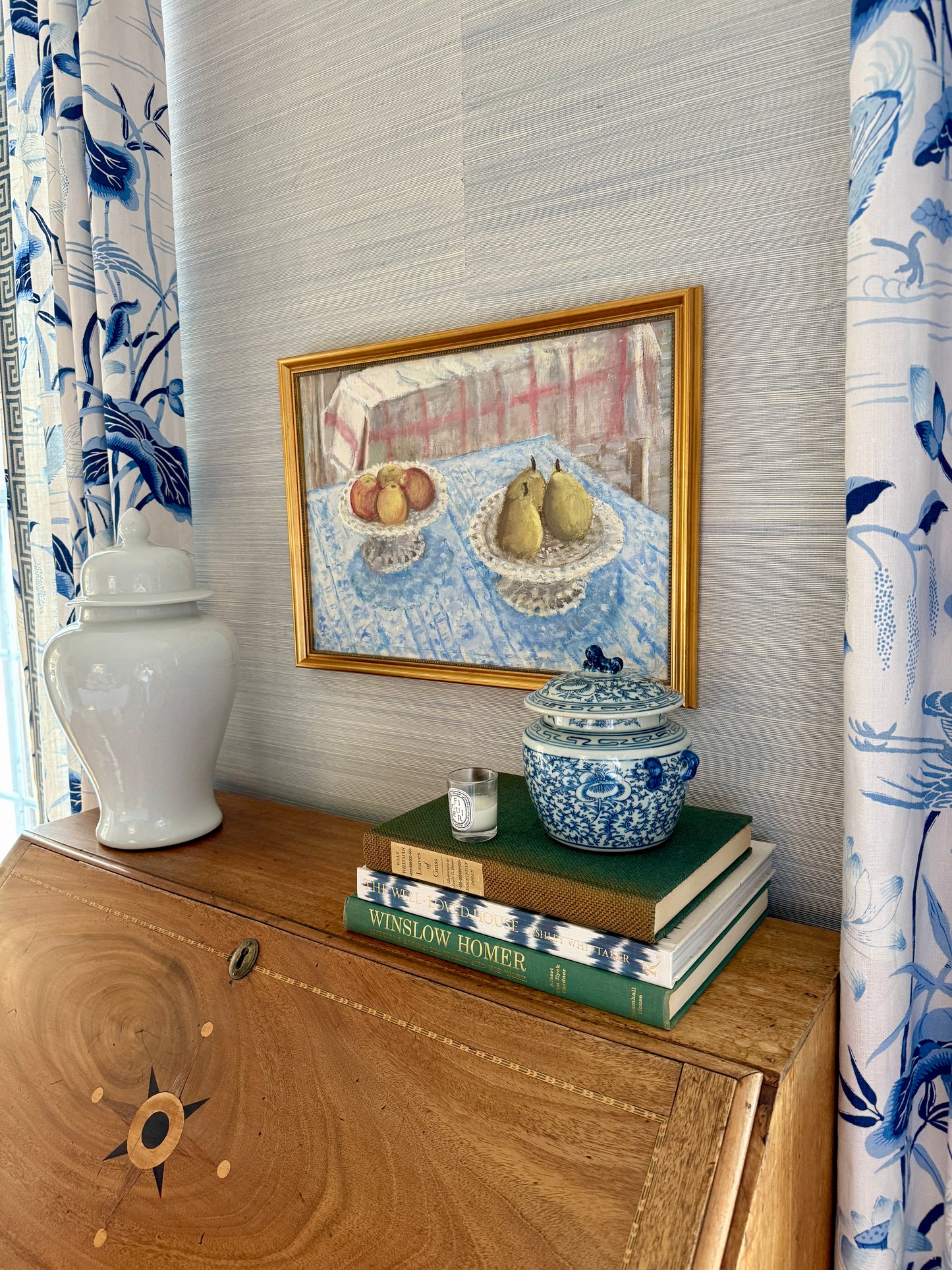 Apples and Pears in Reticulated Porcelain Compotes Still Life Oil Painting in Gold Frame